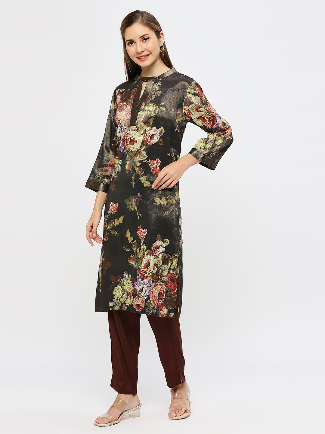 Flower Designed Black Printed Kurta