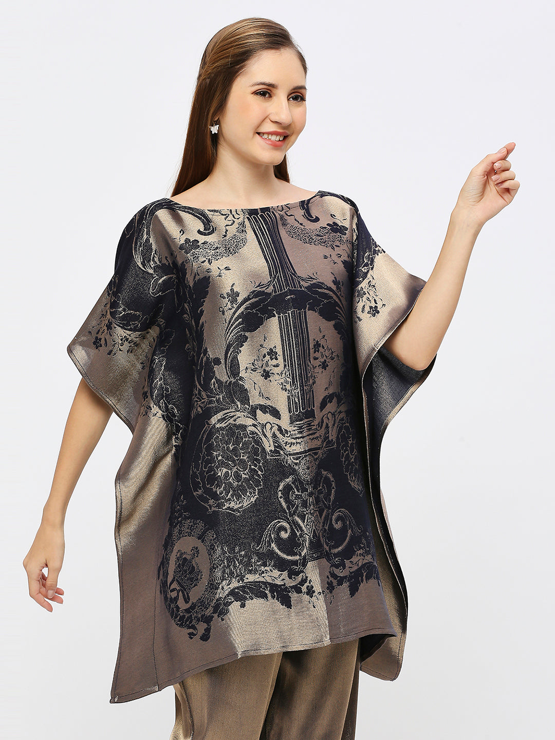 Navy French Patterned Design Brocade Poncho