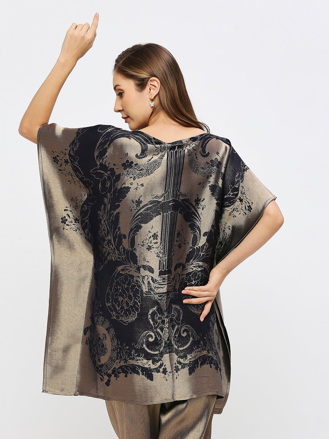 Navy French Patterned Design Brocade Poncho