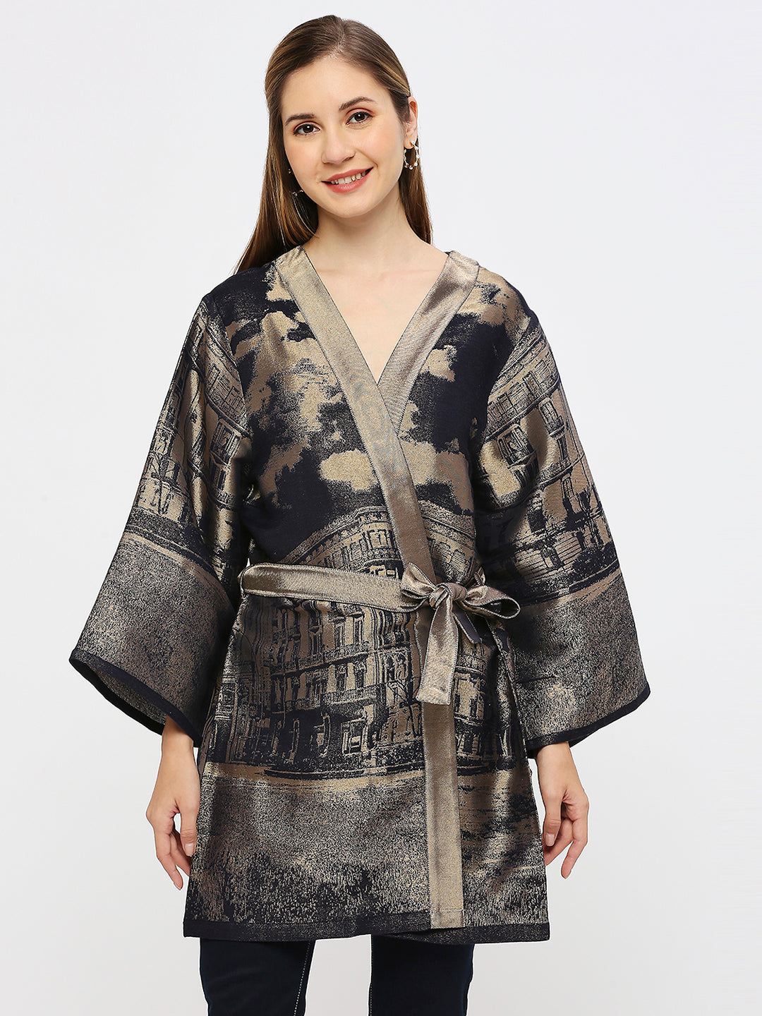 Navy City Car Design Brocade Kimono