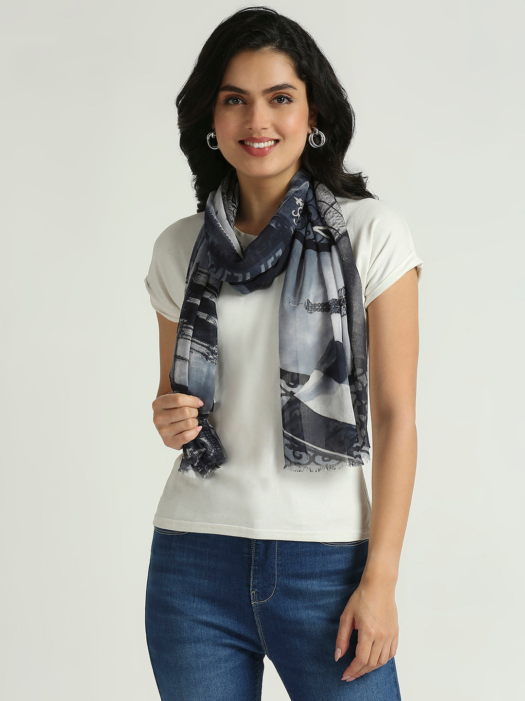 Navy White Graphic Printed Polyester Scarf