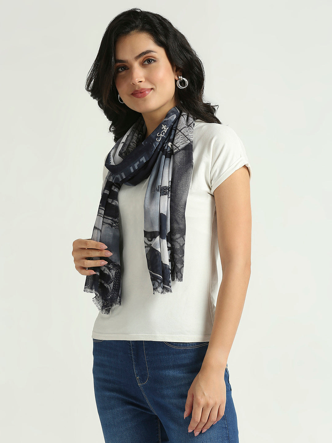 Navy White Graphic Printed Polyester Scarf