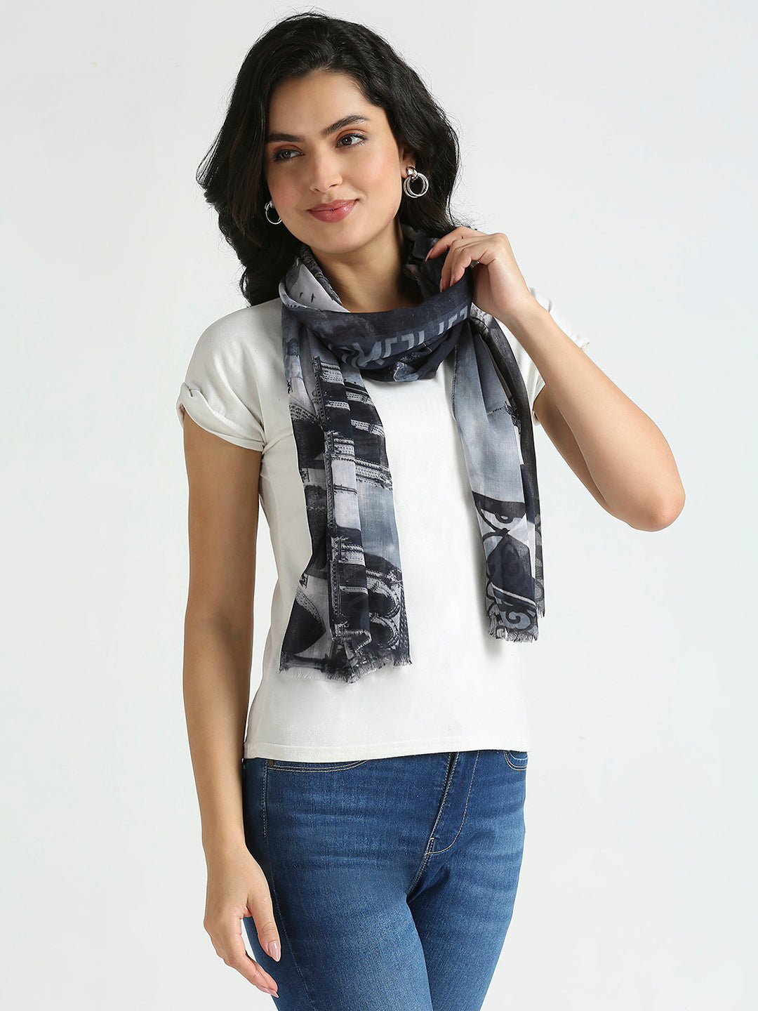 Navy White Graphic Printed Polyester Scarf