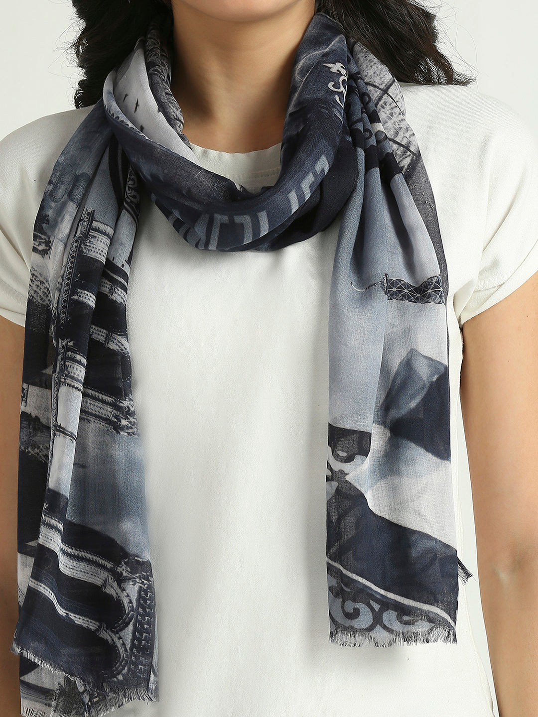 Navy White Graphic Printed Polyester Scarf