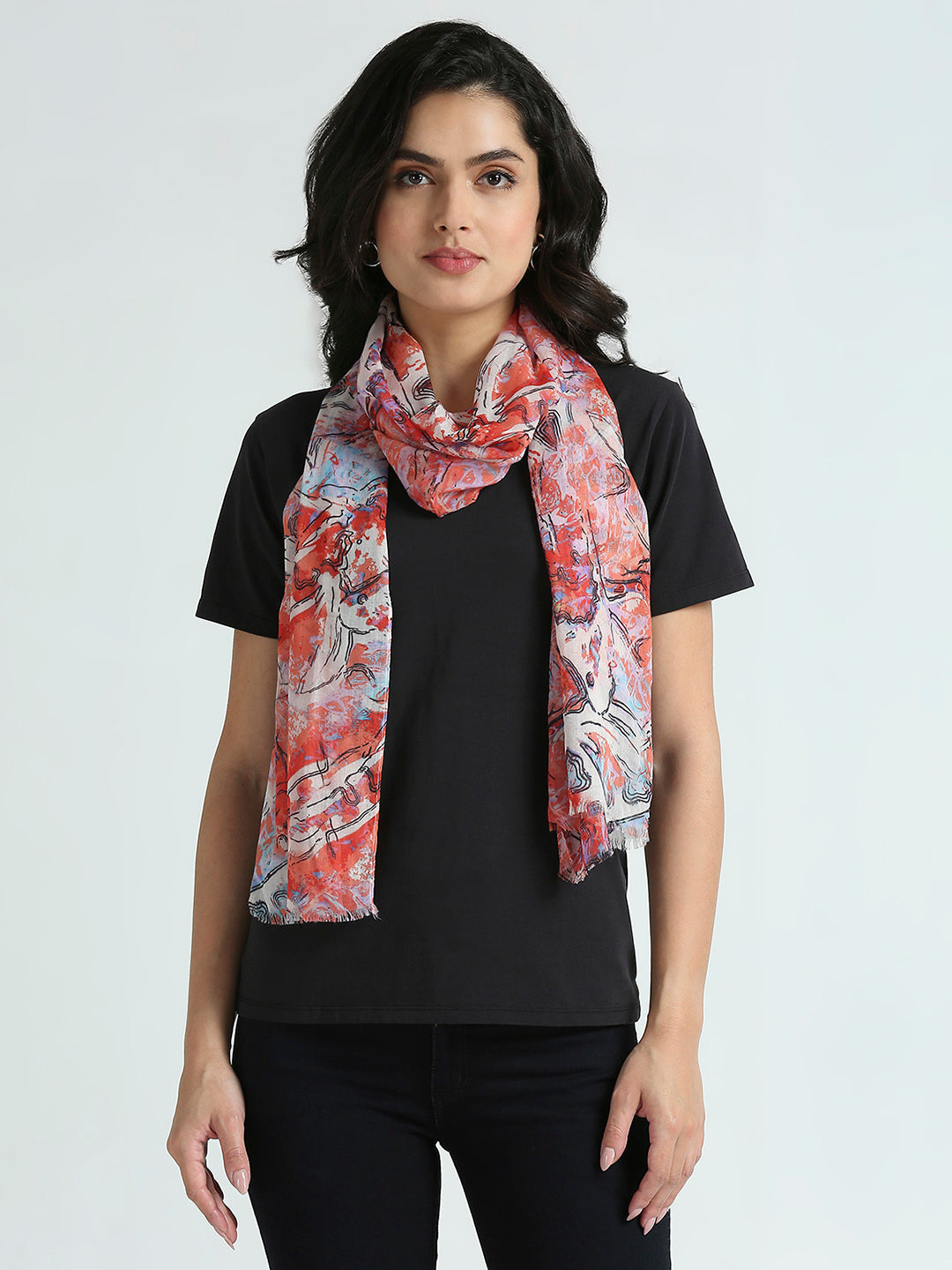 Red Multi Abstract Printed Polyester Scarf