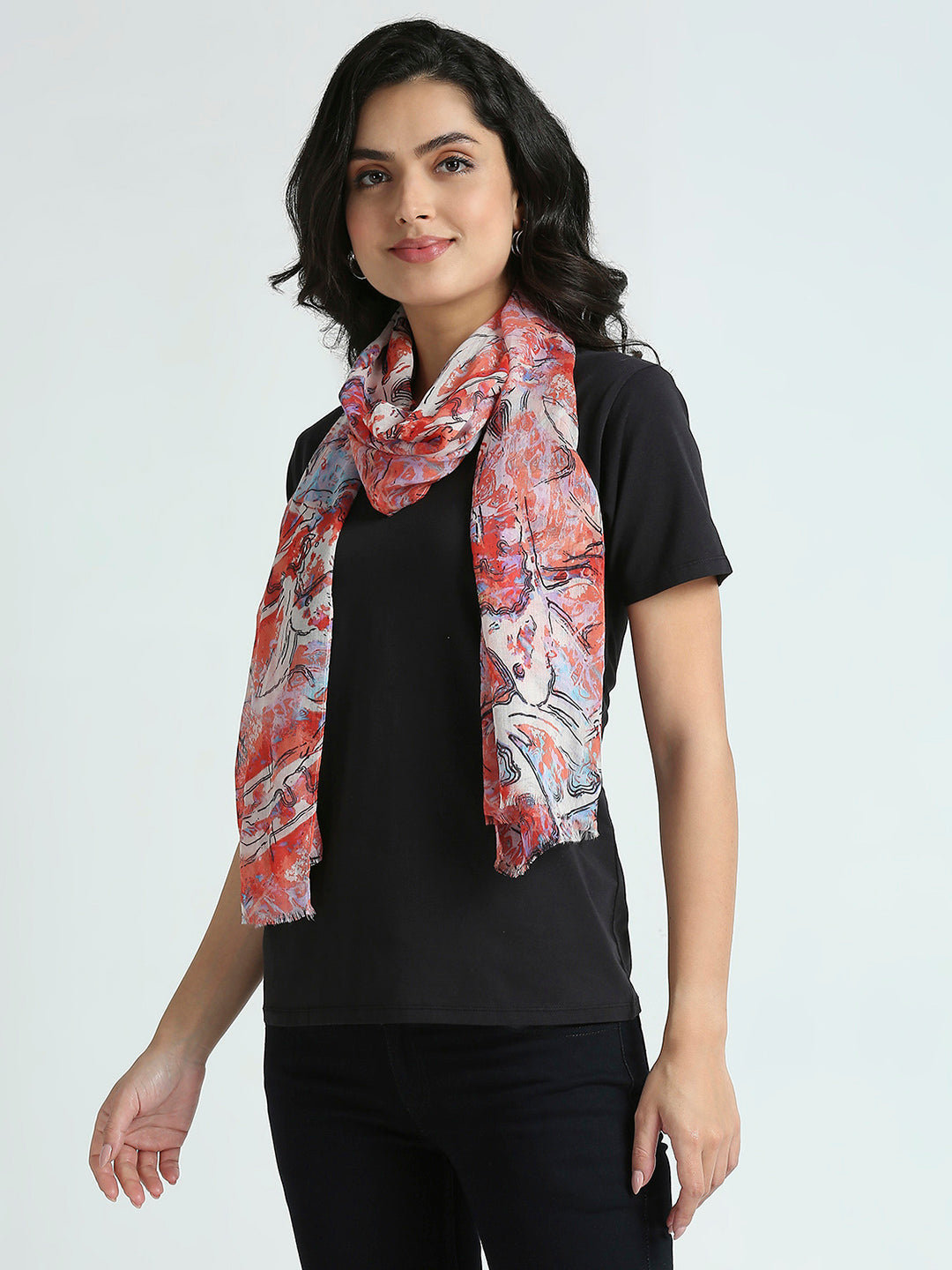 Red Multi Abstract Printed Polyester Scarf