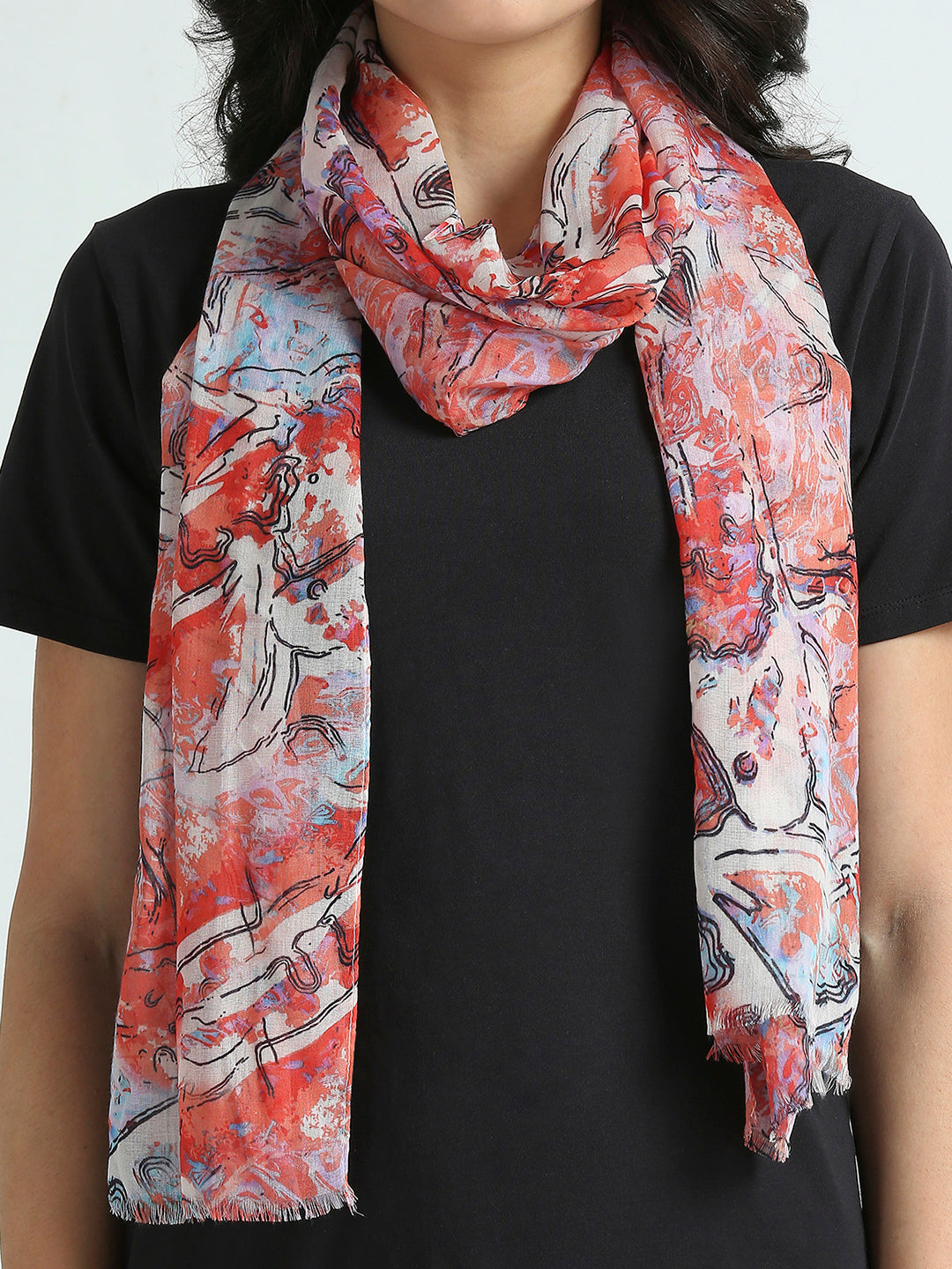 Red Multi Abstract Printed Polyester Scarf