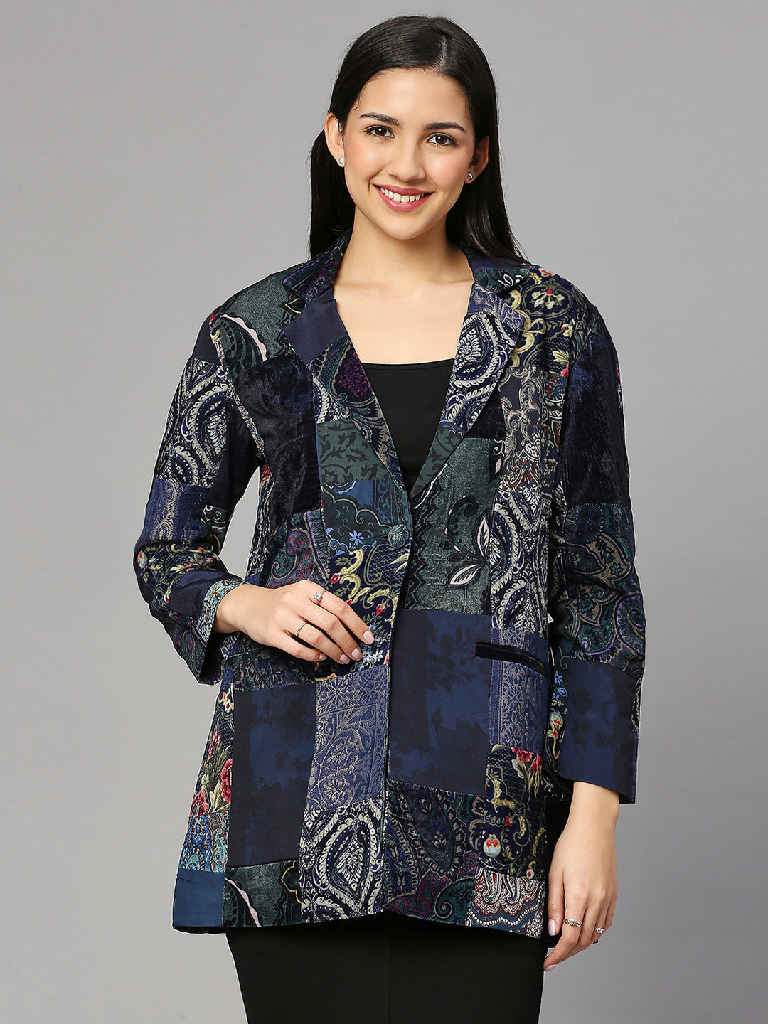 Multicolored Velvet Real Patchwork Short Blazer