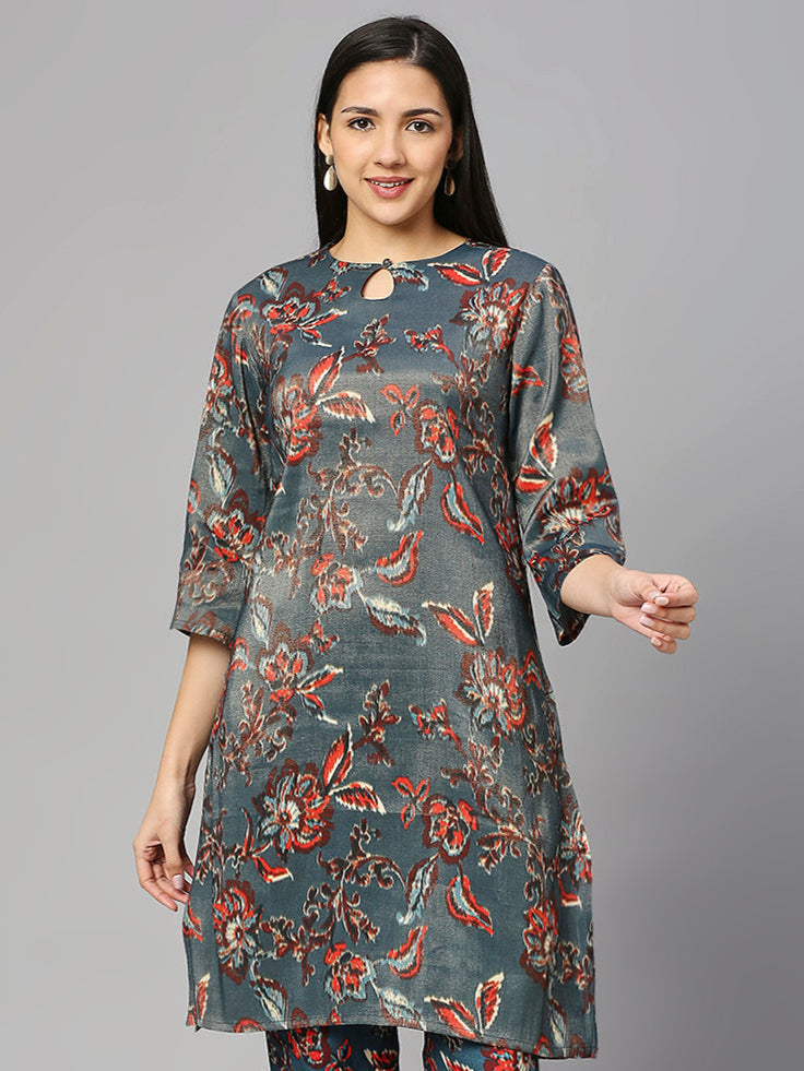 Teal Floral Printed Metallic Top