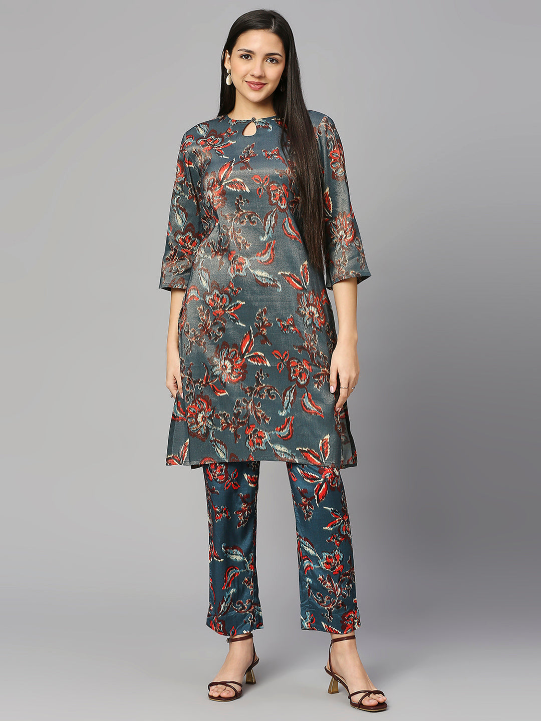 Teal Floral Printed Metallic Co-ord set
