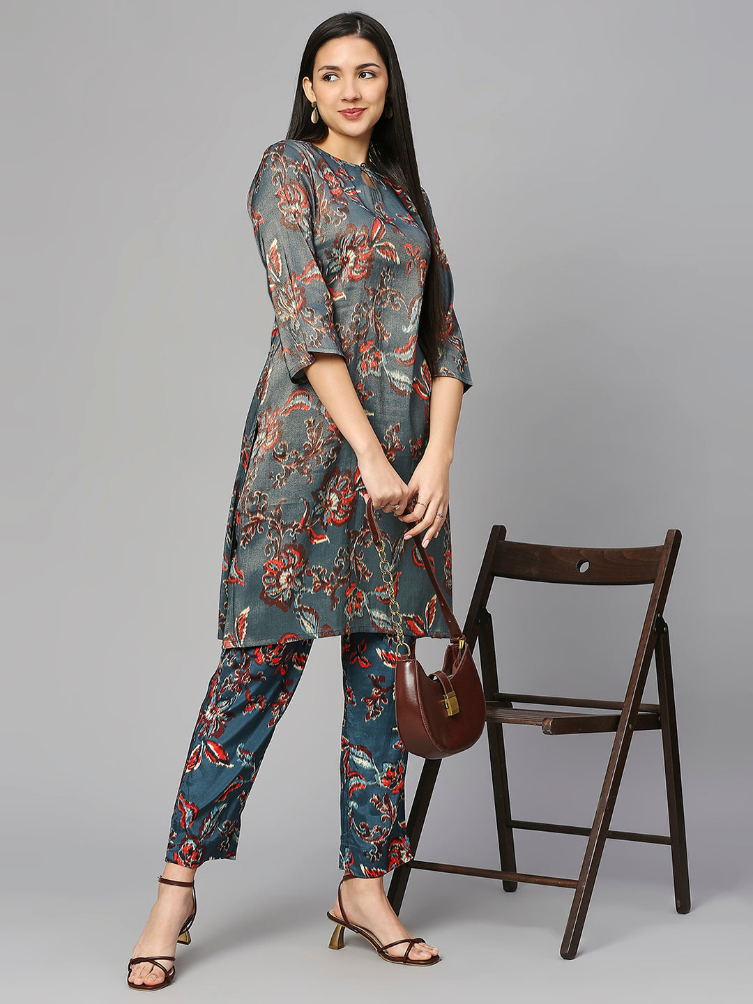 Teal Floral Printed Metallic Co-ord set