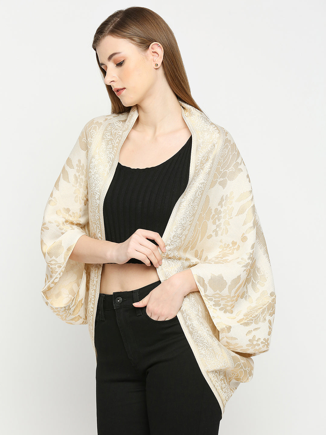 Brocade Floral Patterned Off White Shrug