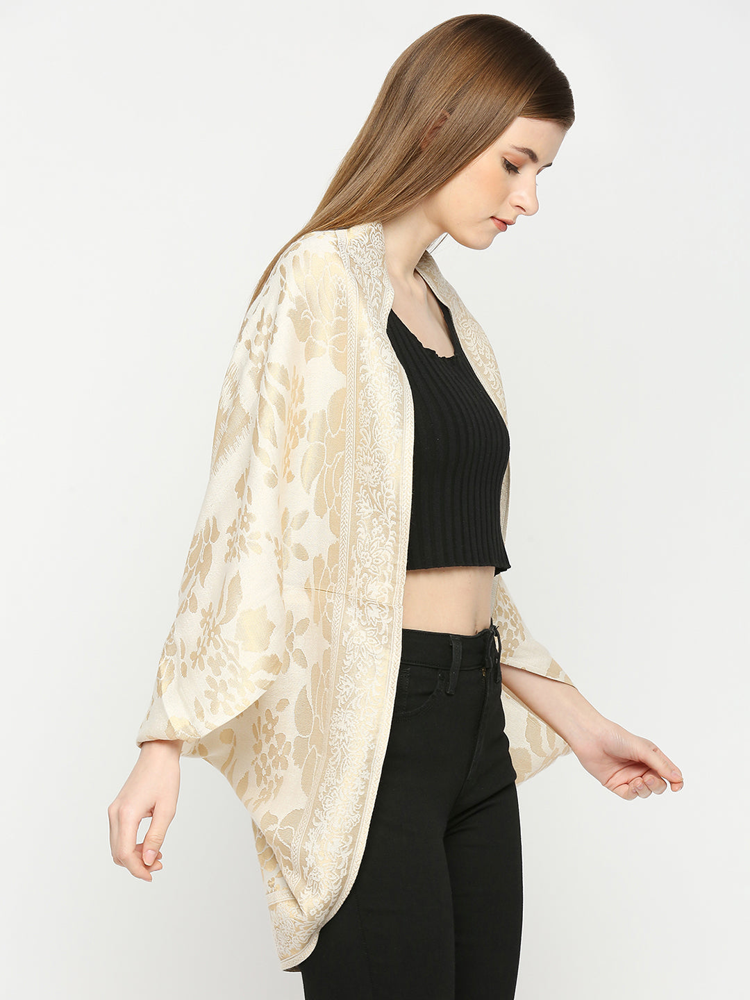 Brocade Floral Patterned Off White Shrug