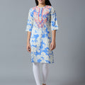Blue Embroidered Floral Cotton Kurta