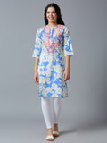 Blue Embroidered Floral Cotton Kurta