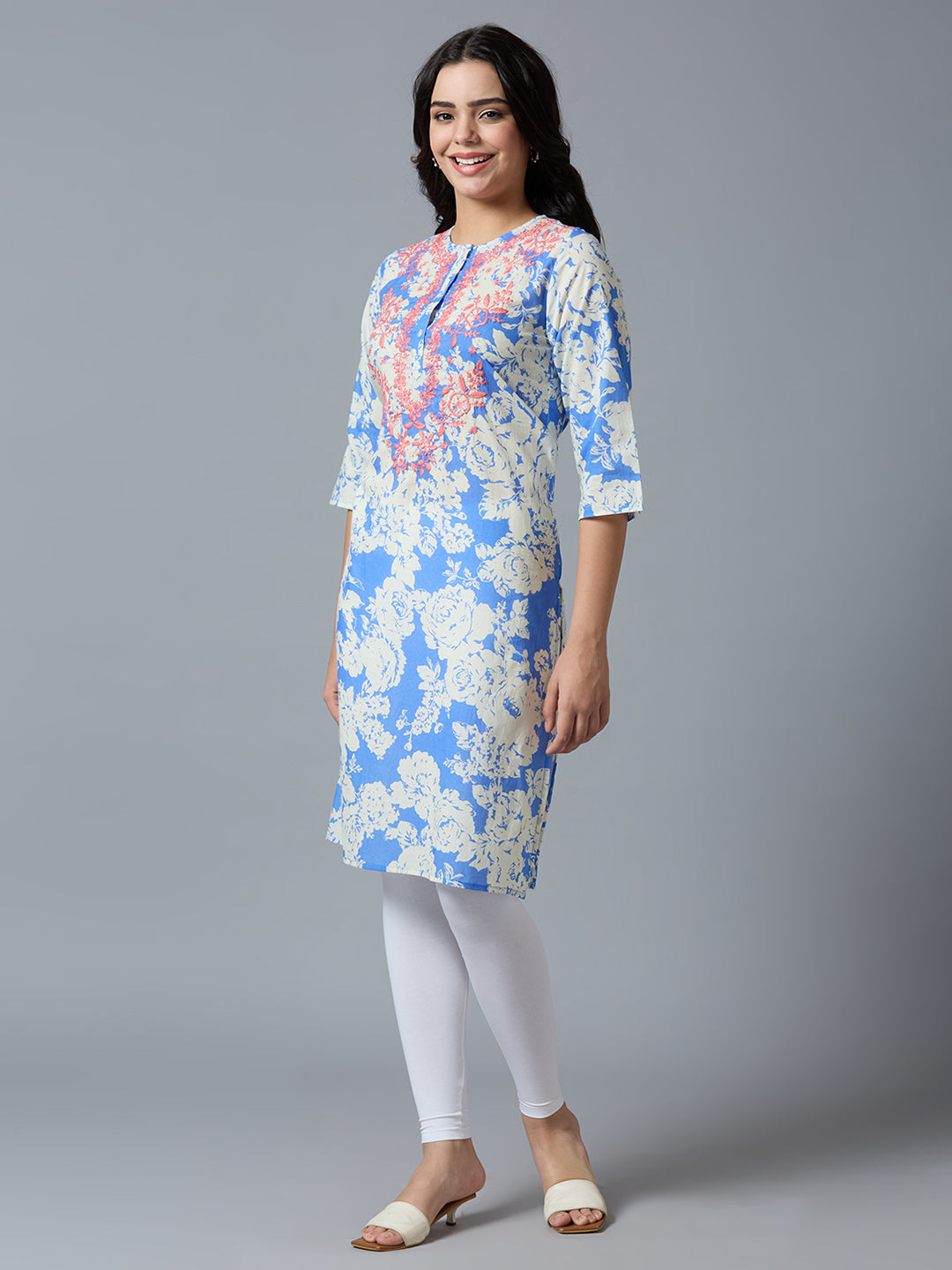 Blue Embroidered Floral Cotton Kurta