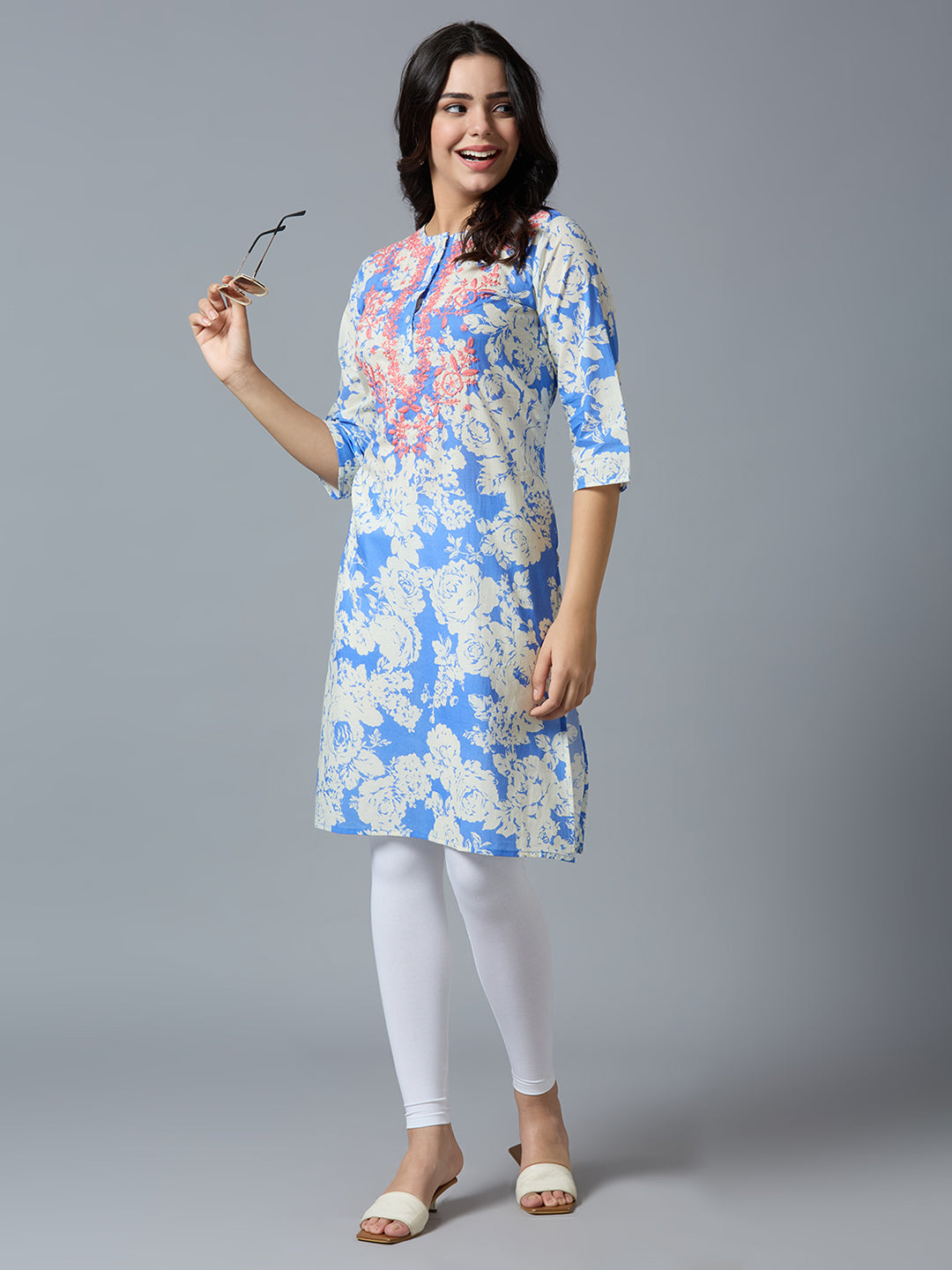 Blue Embroidered Floral Cotton Kurta