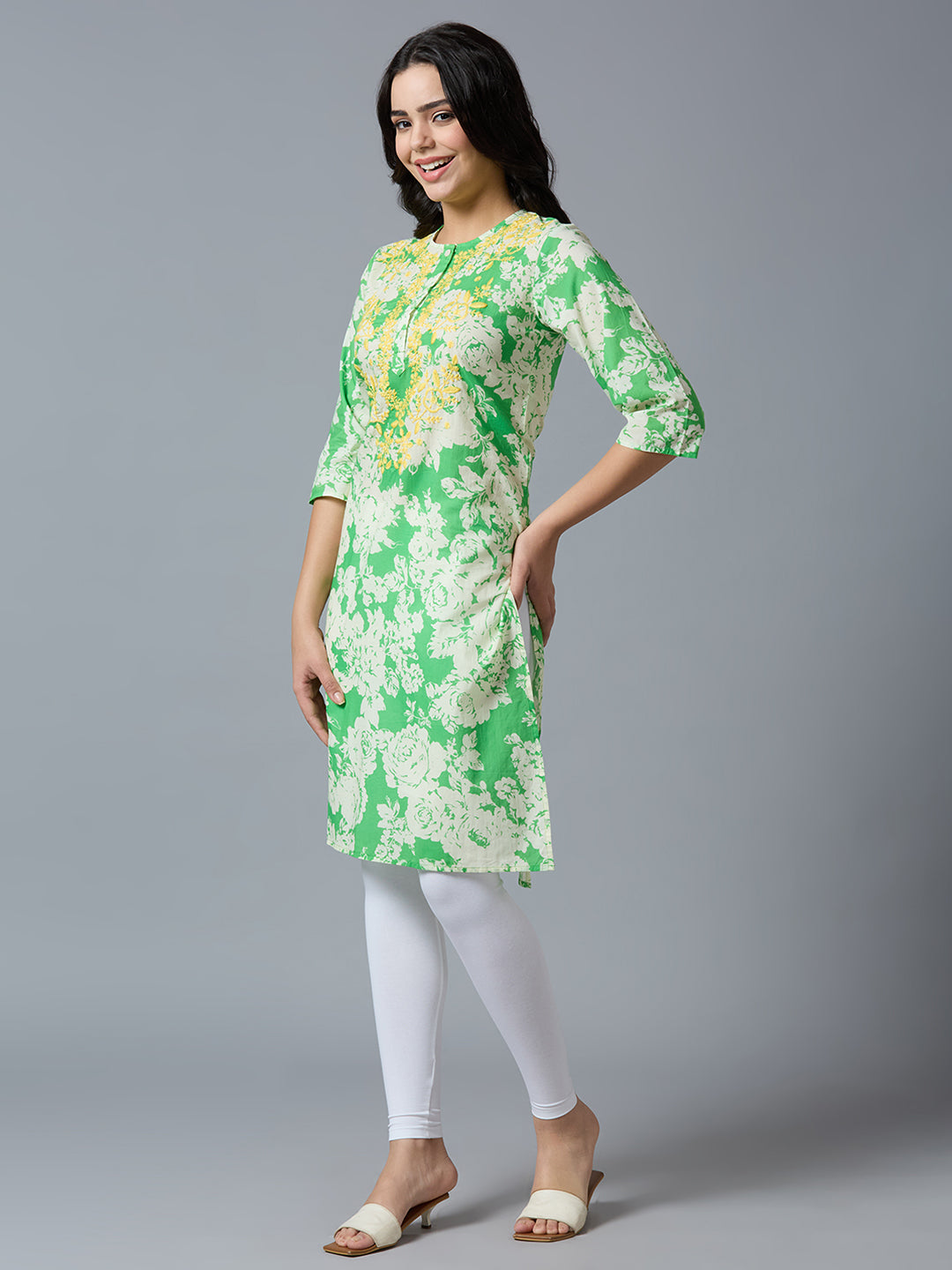 Green Embroidered Floral Cotton Kurta