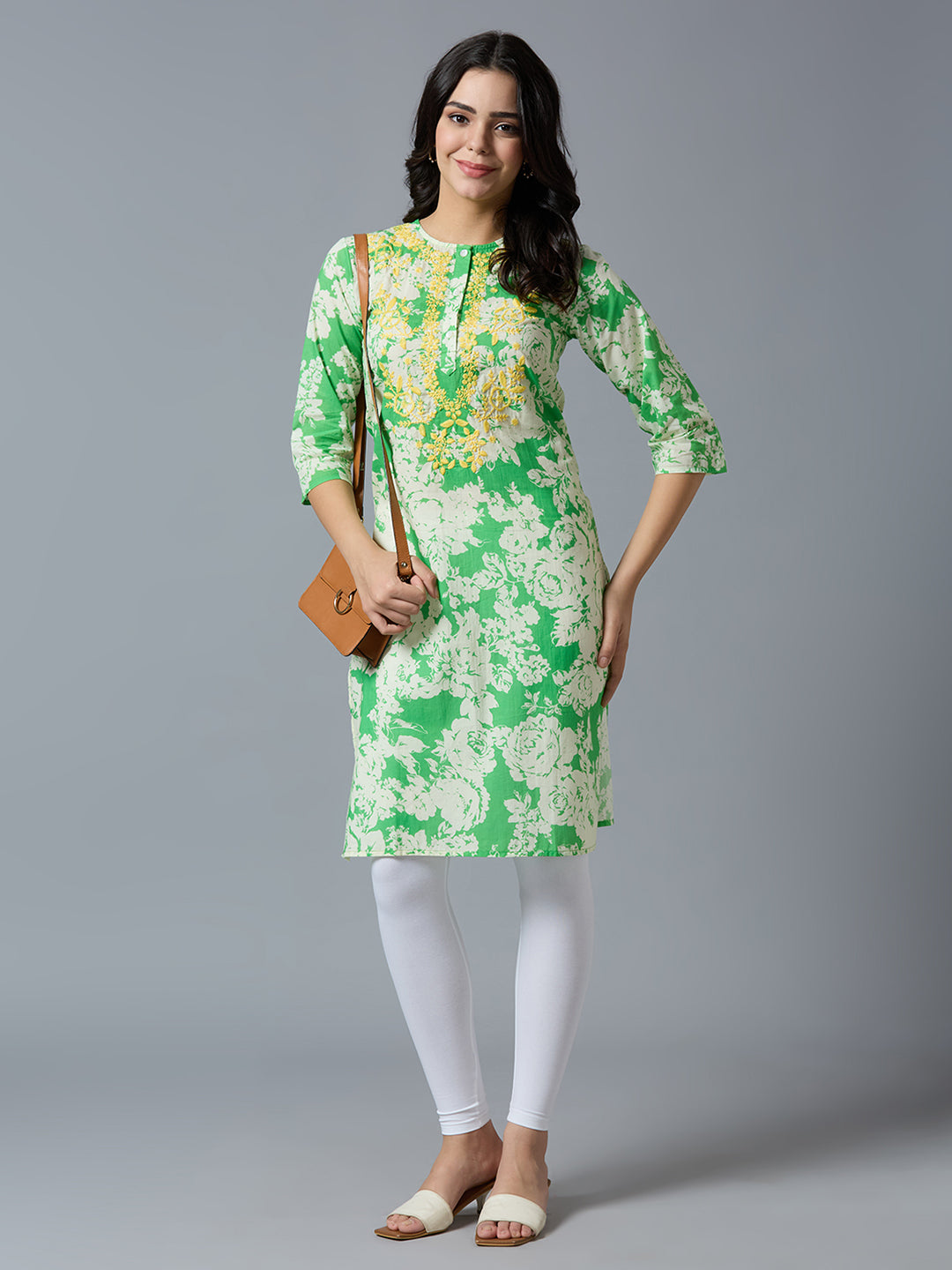 Green Embroidered Floral Cotton Kurta