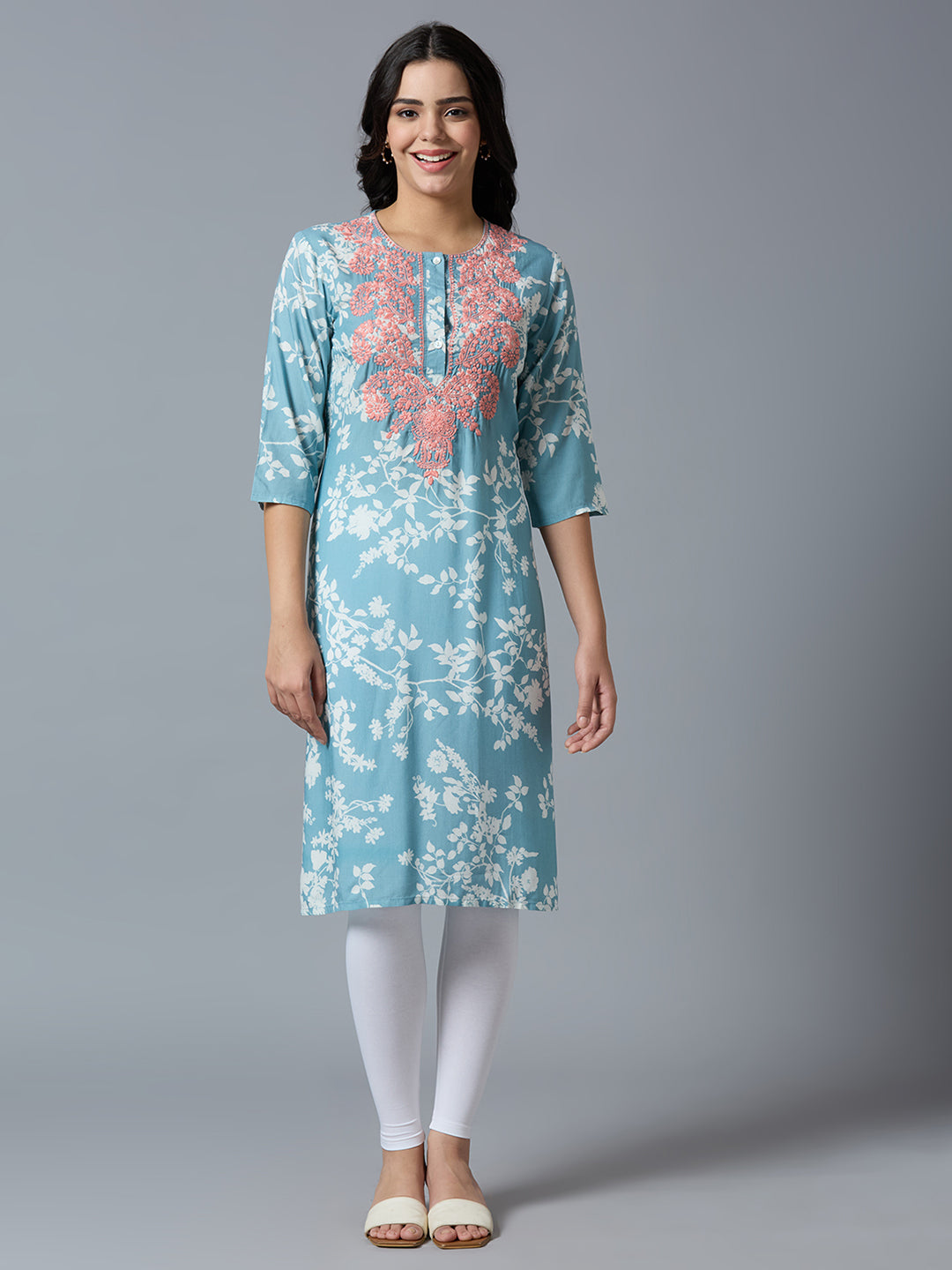Light Grey Embroidered Floral Viscose Kurta