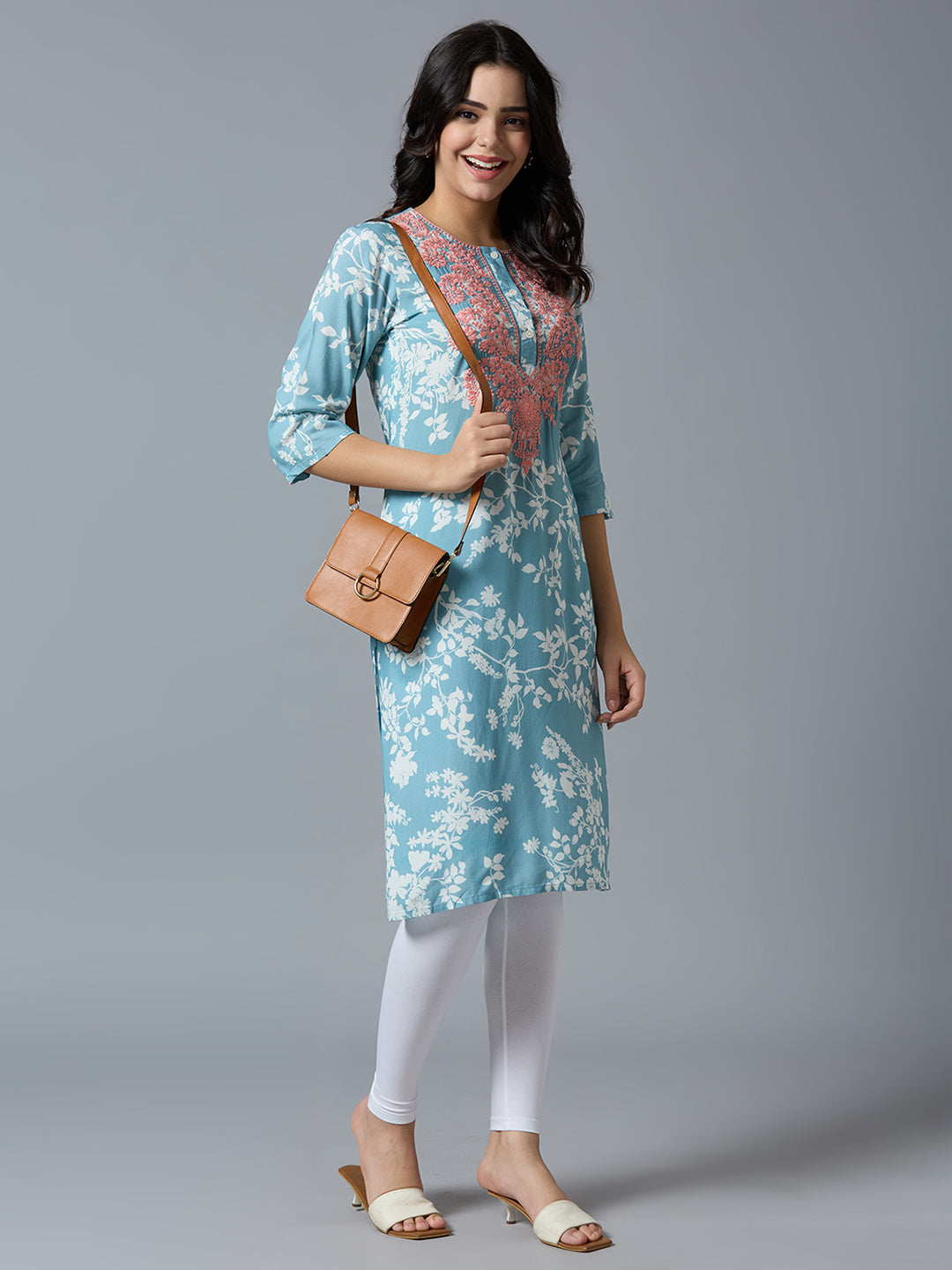 Light Grey Embroidered Floral Viscose Kurta