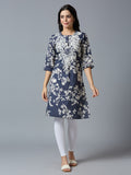 Navy White Embroidered Floral Viscose Kurta