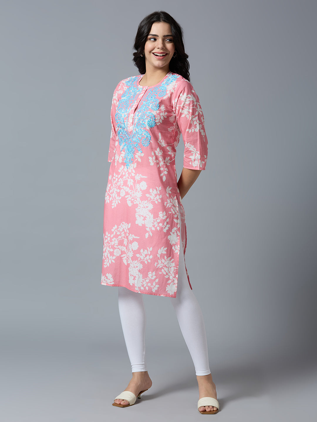 Pink Embroidered Floral Viscose Kurta