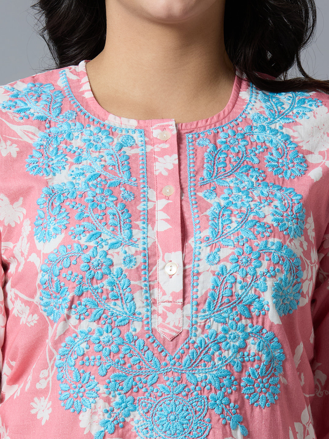 Pink Embroidered Floral Viscose Kurta