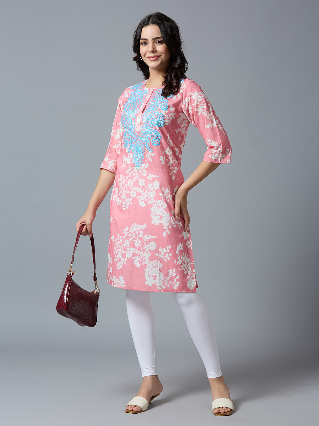 Pink Embroidered Floral Viscose Kurta