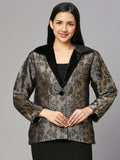 Black Brocade Rose & Leaf Designed Short Blazer