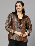 Brown Brocade Rose & Leaf Designed Short Blazer