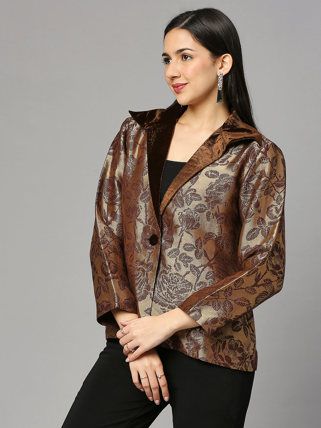 Brown Brocade Rose & Leaf Designed Short Jacket