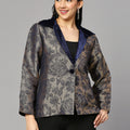 Navy Blue Brocade Rose & Leaf Designed Short Blazer