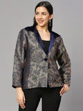 Navy Blue Brocade Rose & Leaf Designed Short Blazer