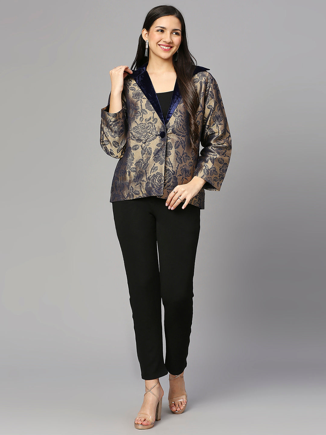 Navy Blue Brocade Rose & Leaf Designed Short Blazer