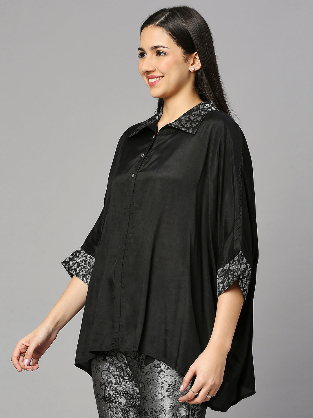 Black Solid Viscose Top with Brocade Trims & Pant