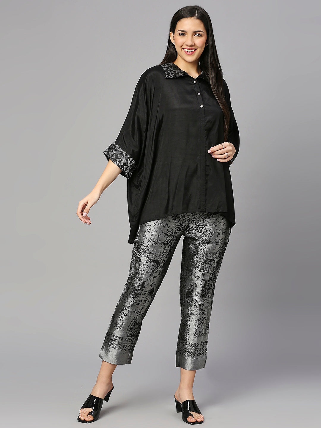 Black Solid Viscose Top with Brocade Trims & Pant
