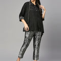 Black Solid Viscose Top with Brocade Trims & Pant