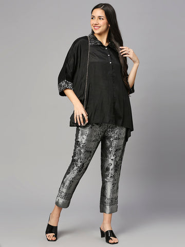 Black Solid Viscose Top with Brocade Trims & Pant