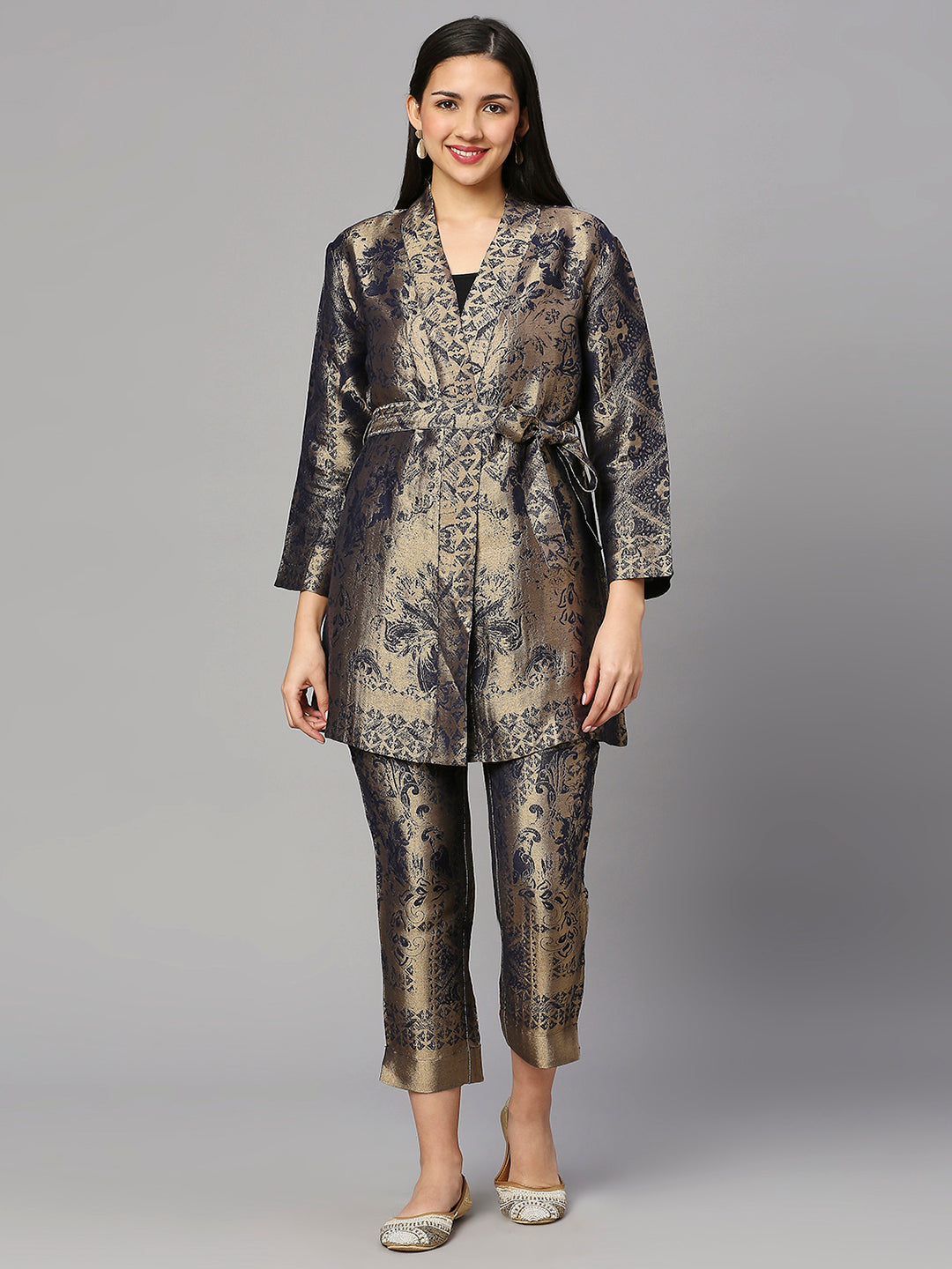 Brocade Flower Design Navy Kimono Set