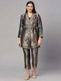 Navy Gold Flower Designed Brocade Kimono