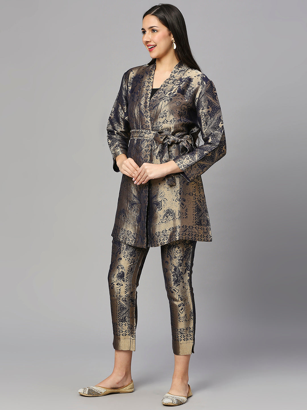 Brocade Flower Design Navy Kimono Set