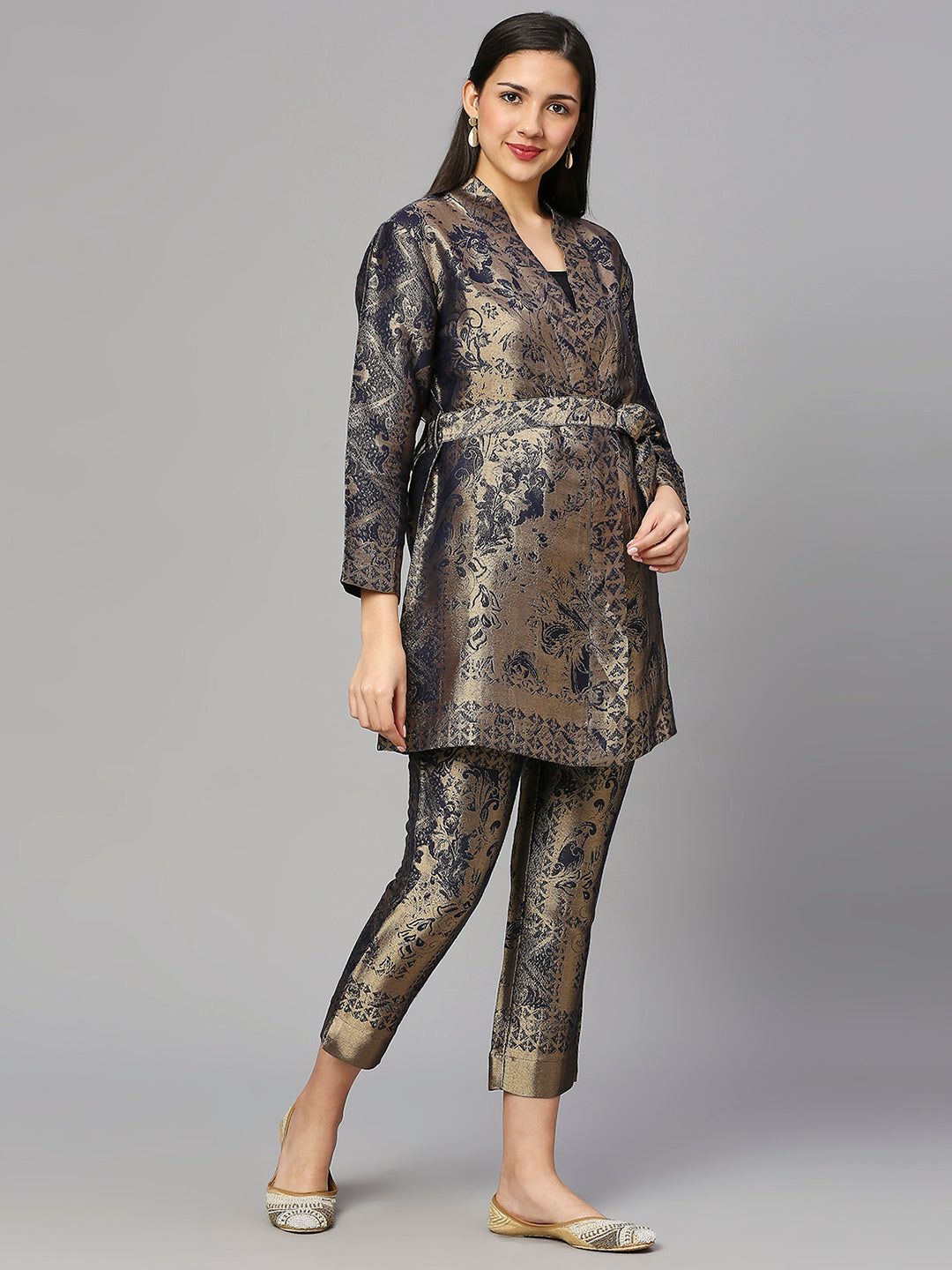 Navy Gold Flower Designed Brocade Kimono