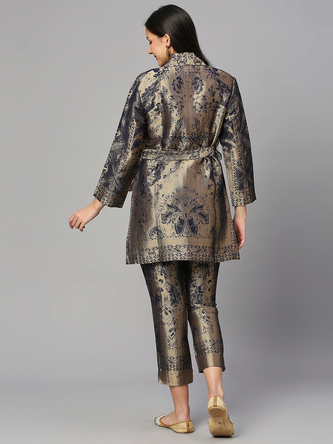 Navy Gold Flower Designed Brocade Kimono