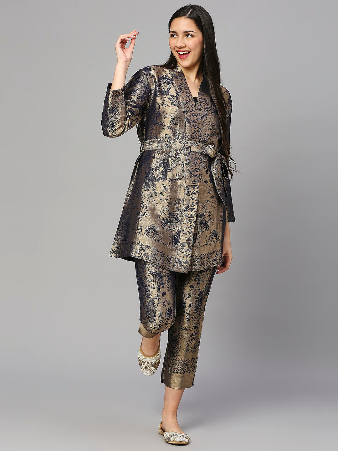 Navy Gold Flower Designed Brocade Kimono