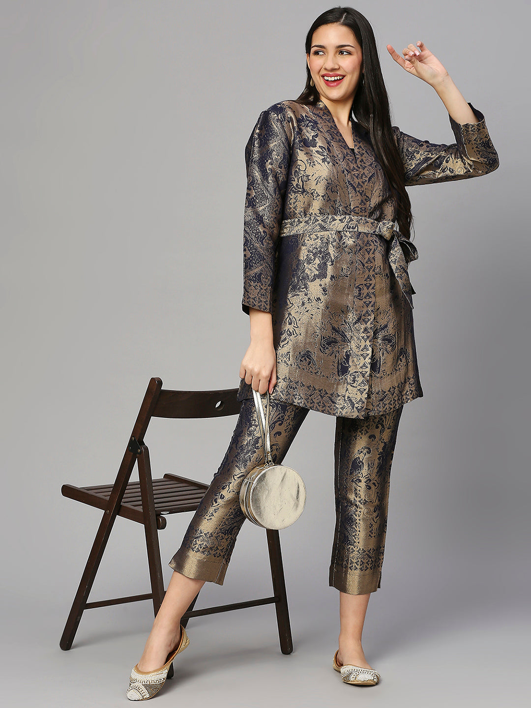 Navy Gold Flower Designed Brocade Kimono