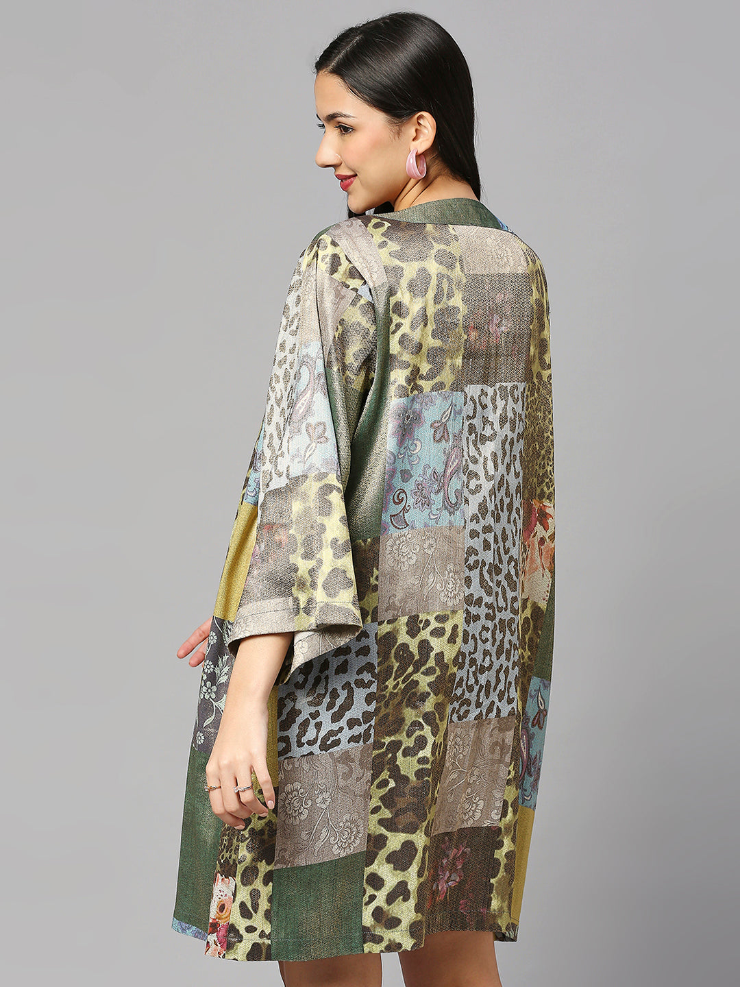 Animal Patchwork Look Printed Kimono on Metallic Fabric