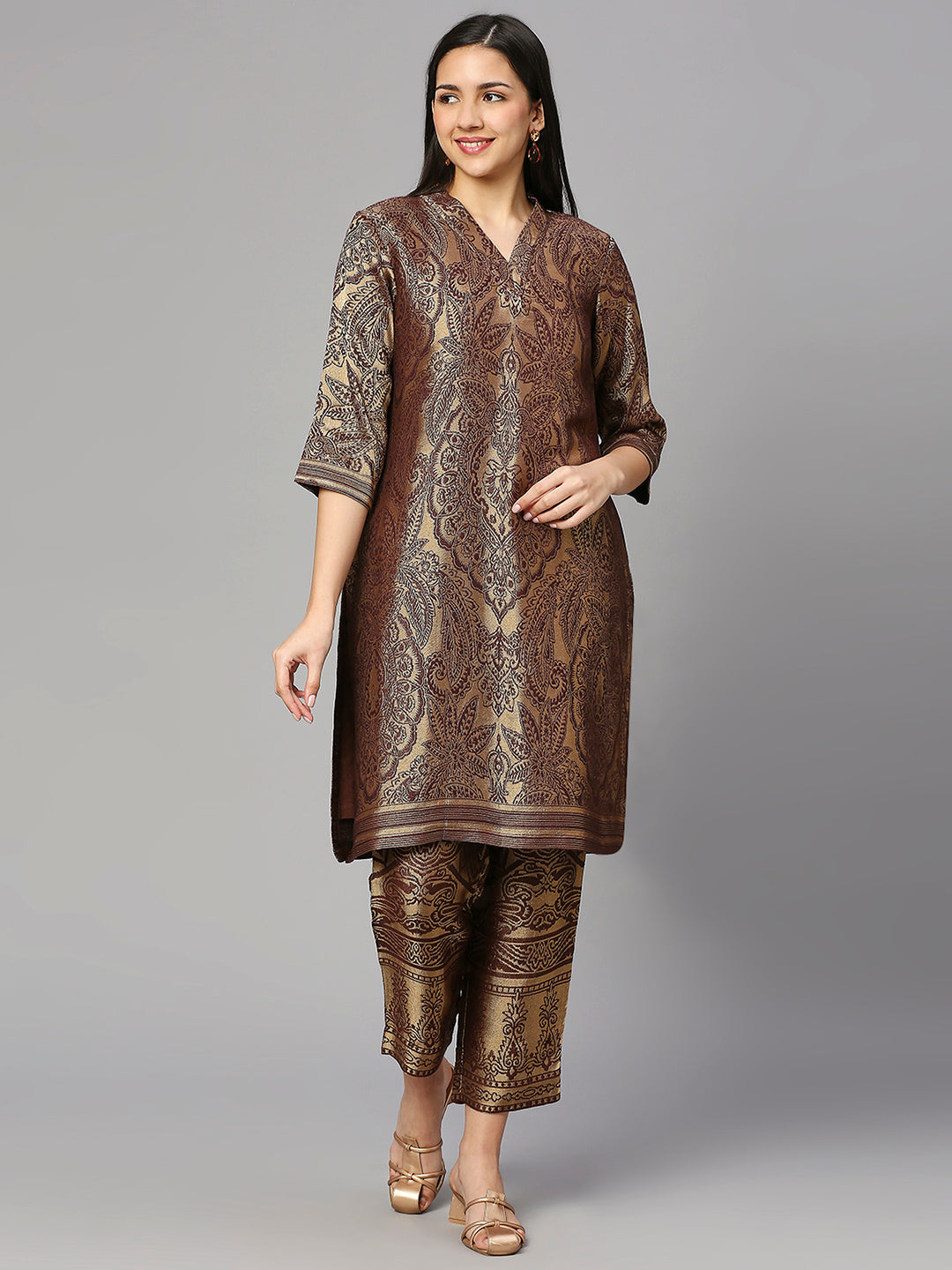 Brocade Aqua Gold Leaf Motif Design Kurta