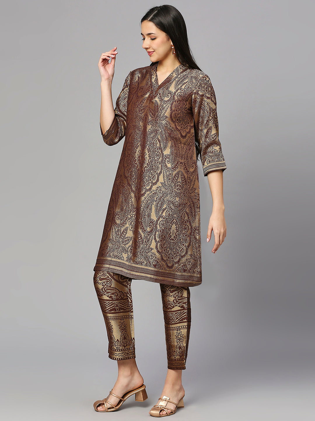 Brocade Brown Leaf Motif Design Kurta