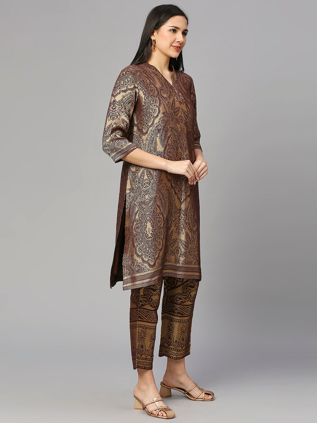 Brocade Brown Leaf Motif Design Kurta